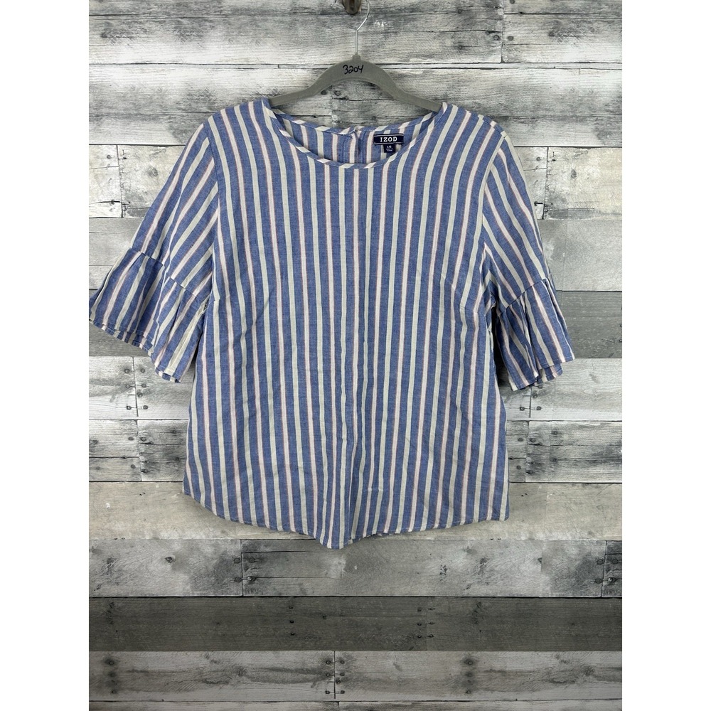 Izod Striped Short Bell Sleeve Back Button Up Blouse Size Large